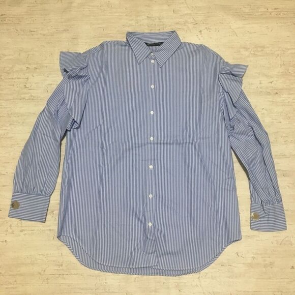Zara Blue and White Striped Ruffle Sleeve Button-Down Shirt - Picture 4 of 11